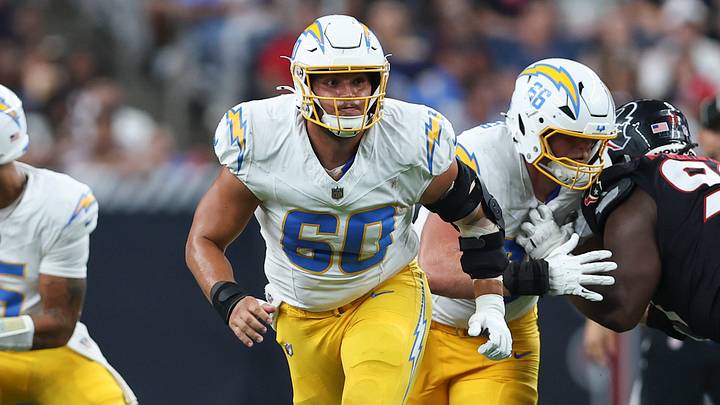 Aug 13, 2026; Houston, Texas, USA;  Los Angeles Chargers center Jacob Spomer (60) in action during the game against the Houston Texans at Reliant Stadium. Mandatory Credit: Troy Taormina-Imagn Images