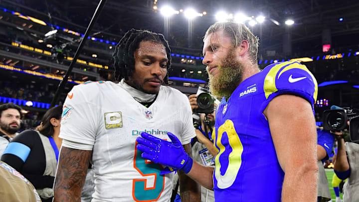 Nov 11, 2024; Inglewood, California, USA; Miami Dolphins cornerback Jalen Ramsey (5) meets with Los Angeles Rams wide receiver Cooper Kupp (10) following the game at SoFi Stadium. Mandatory Credit: Gary A. Vasquez-Imagn Images