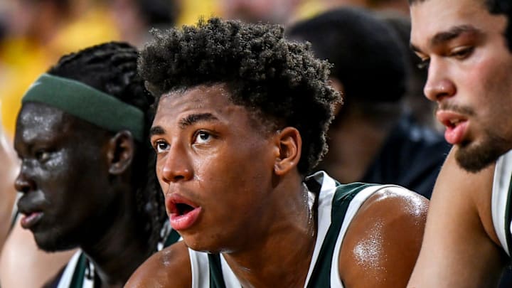 Michigan State's Jeremy Fears Jr. looks on during a break on the bench during the second half against Michigan on Sunday, March 8, 2026, at the Crisler Center in Ann Arbor.