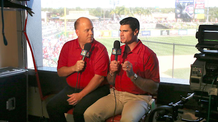 Philadelphia Phillies broadcasters Tom McCarthy (left) and Ben Davis on the air.