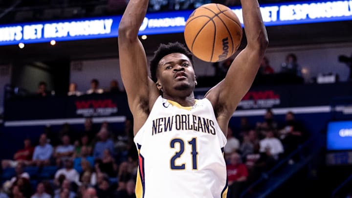 Nov 11, 2024; New Orleans, Louisiana, USA;  New Orleans Pelicans center Yves Missi (21) dunks the ball against the Brooklyn Nets during the second half at Smoothie King Center. Mandatory Credit: Stephen Lew-Imagn Images