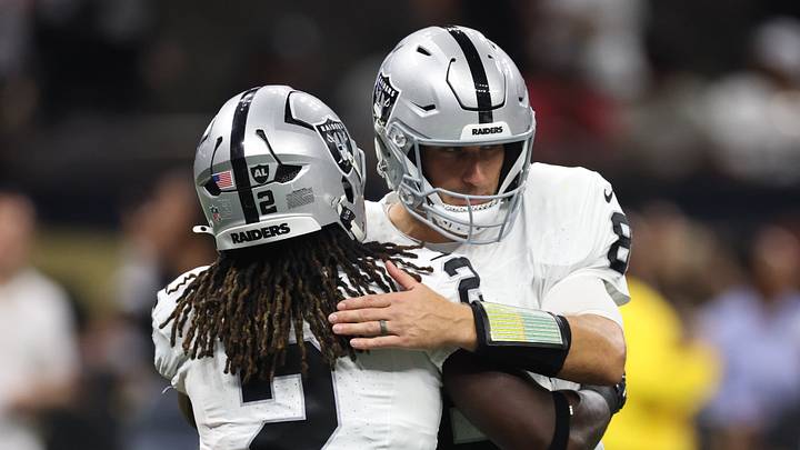 Sep 27, 2026; New Orleans, Louisiana, USA; Las Vegas Raiders quarterback Kirk Cousins (8) hugs running back Ashton Jeanty (2) before the start of the game against the New Orleans Saints at Caesars Superdome. Mandatory Credit: Stephen Lew-Imagn Images Sep 27, 2026; New Orleans, Louisiana, USA; Las Vegas Raiders quarterback Kirk Cousins (8) hugs running back Ashton Jeanty (2) before the start of the game against the New Orleans Saints at Caesars Superdome. Mandatory Credit: Stephen Lew-Imagn Images
