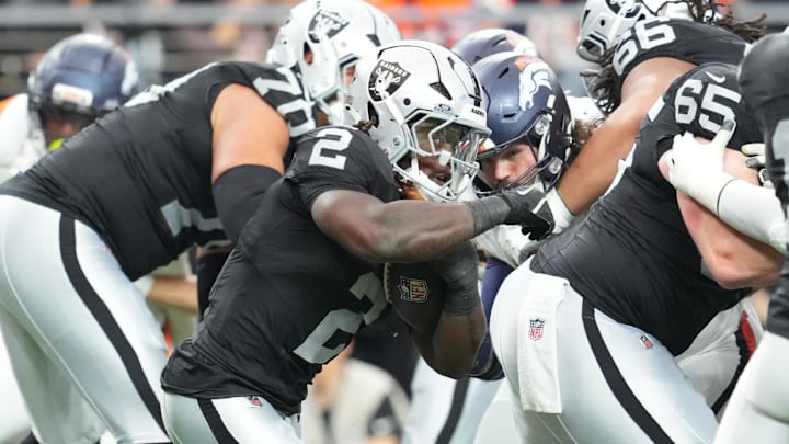 Dec 7, 2025; Paradise, Nevada, USA; Las Vegas Raiders running back Ashton Jeanty (2) carries the ball against the Denver Broncos during the first half at Allegiant Stadium. Mandatory Credit: Stephen R. Sylvanie-Imagn Images Dec 7, 2025; Paradise, Nevada, USA; Las Vegas Raiders running back Ashton Jeanty (2) carries the ball against the Denver Broncos during the first half at Allegiant Stadium. Mandatory Credit: Stephen R. Sylvanie-Imagn Images