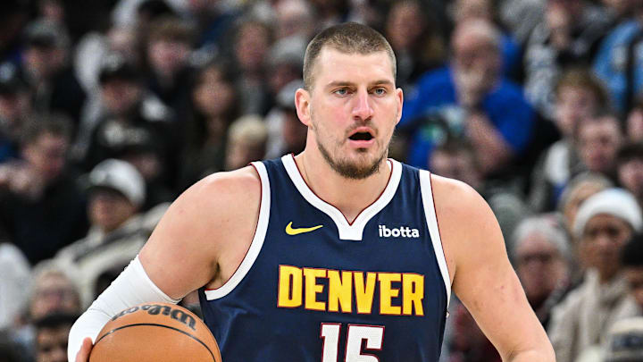 Jan 25, 2025; Minneapolis, Minnesota, USA; Denver Nuggets center Nikola Jokic (15) in action against the Minnesota Timberwolves during the first quarter at Target Center. Mandatory Credit: Jeffrey Becker-Imagn Images