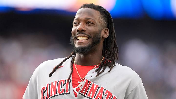 Sep 26, 2026; Toronto, Ontario, CAN;  Cincinnati Reds shortstop Elly De La Cruz (44) smiles as he comes off the field against the Toronto Blue Jays during the sixth inning at Rogers Centre.  Mandatory Credit: John E. Sokolowski-Imagn Images