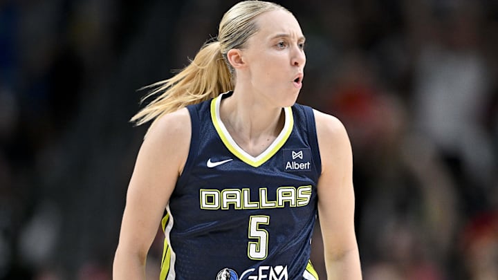 Jun 27, 2025; Dallas, Texas, USA; Dallas Wings guard Paige Bueckers (5) in action during the game between the Dallas Wings and the Indiana Fever at the American Airlines Center. Mandatory Credit: Jerome Miron-Imagn Images
