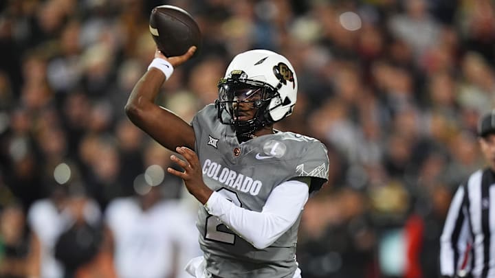 Oct 26, 2024; Boulder, Colorado, USA; Colorado Buffaloes quarterback Shedeur Sanders (2) prepares to pass the ball in the first quarter against the Cincinnati Bearcats at Folsom Field. Mandatory Credit: Ron Chenoy-Imagn Images