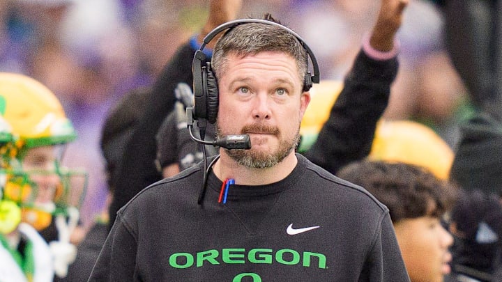 Oregon head coach Dan Lanning walks the sideline as the Oregon Ducks take on the Washington Huskies on Nov. 29, 2025, at Husky Stadium in Seattle, Washington.