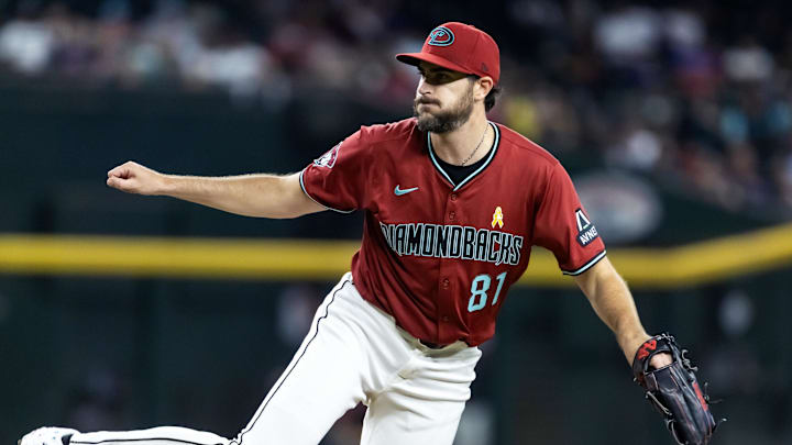 Sep 7, 2025; Phoenix, Arizona, USA; Arizona Diamondbacks pitcher Ryan Thompson against the Boston Red Sox at Chase Field. Mandatory Credit: Mark J. Rebilas-Imagn Images