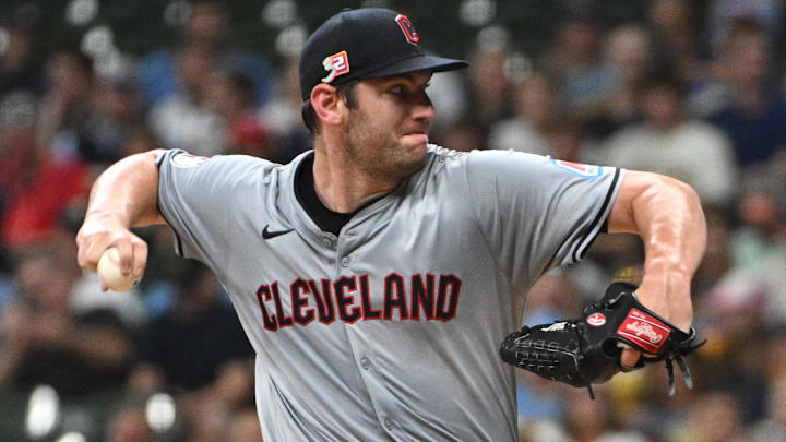 Aug 16, 2024; Milwaukee, Wisconsin, USA; Cleveland Guardians pitcher Gavin Williams (32) delivers a pitch against the Milwaukee Brewers in the third inning at American Family Field. Mandatory Credit: Michael McLoone-Imagn Images
