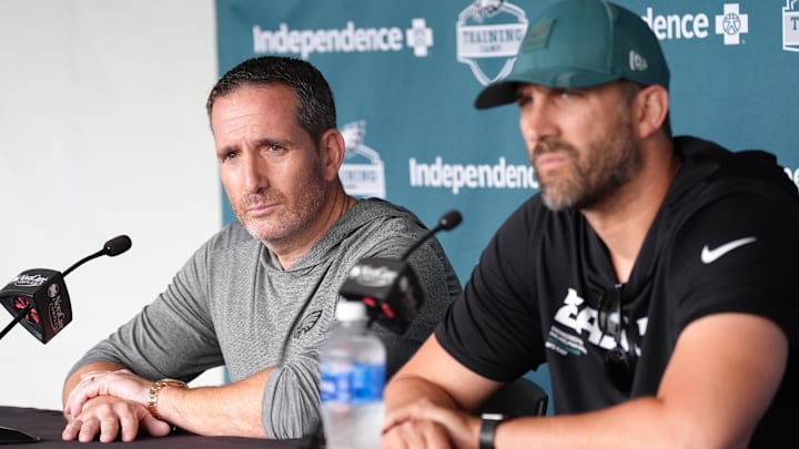 Jul 23, 2025; Philadelphia, PA, USA; Philadelphia Eagles general manager Howie Roseman addresses media during training camp at NovaCare Complex. Mandatory Credit: Kyle Ross-Imagn Images