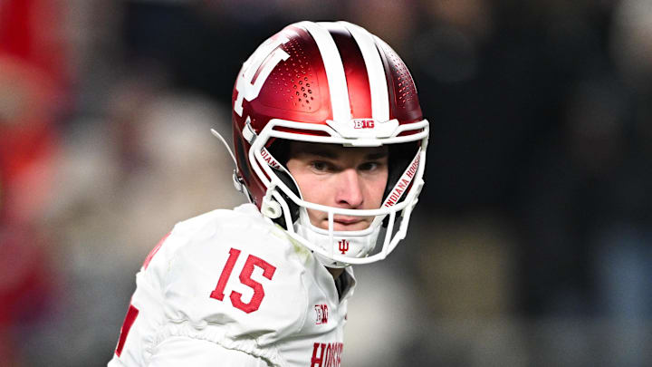 Nov 28, 2025; West Lafayette, Indiana, USA; Indiana Hoosiers quarterback Fernando Mendoza (15) looks on during the third quarter against the Purdue Boilermakers at Ross-Ade Stadium. Mandatory Credit: Marc Lebryk-Imagn Images