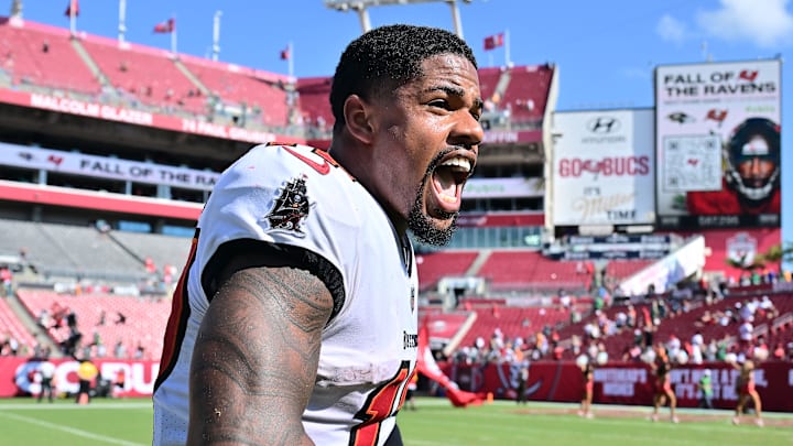 TAMPA, FLORIDA - SEPTEMBER 29: Sterling Shepard #17 of the Tampa Bay Buccaneers celebrates after defeating the Philadelphia Eagles at Raymond James Stadium on September 29, 2024 in Tampa, Florida.