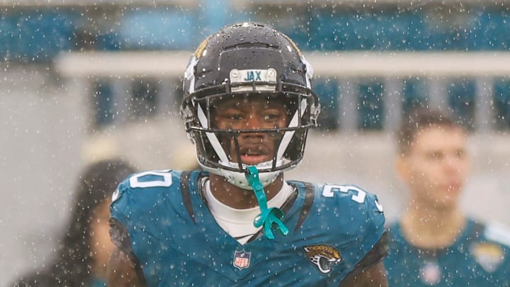 Jacksonville Jaguars cornerback Montaric Brown (30) warms up in the rain before an NFL football matchup Sunday, Dec. 29, 2024 at EverBank Stadium in Jacksonville, Fla. The Jaguars held off the Titans 20-13. [Corey Perrine/Florida Times-Union]