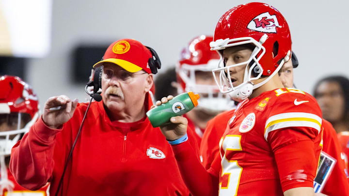 Feb 11, 2024; Paradise, Nevada, USA; Kansas City Chiefs head coach Andy Reid with quarterback Patrick Mahomes (15) against the San Francisco 49ers during Super Bowl LVIII at Allegiant Stadium.