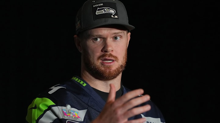 Feb 5, 2026; San Jose, CA, USA; Seattle Seahawks quarterback Sam Darnold (14) talks to media members at the San Jose Marriott. Mandatory Credit: Darren Yamashita-Imagn Images