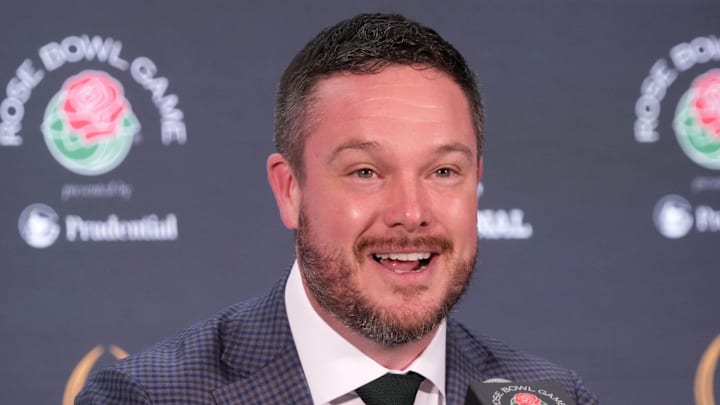 Dec 31, 2024; Los Angeles, California, USA; Oregon Ducks head coach Dan Lanning during the Rose Bowl head coaches press conference at Sheraton Grand LA. Mandatory Credit: Kirby Lee-Imagn Images