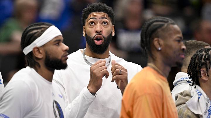 Nov 21, 2025; Dallas, Texas, USA; Dallas Mavericks forward Anthony Davis (3) looks on from the team bench during the second half against the New Orleans Pelicans at the American Airlines Center. Mandatory Credit: Jerome Miron-Imagn Images