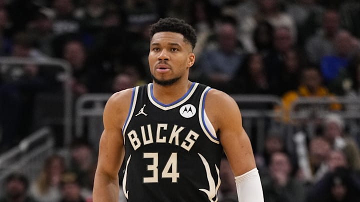 Jan 23, 2026; Milwaukee, Wisconsin, USA;  Milwaukee Bucks forward Giannis Antetokounmpo (34) during the game against the Denver Nuggets at Fiserv Forum. Mandatory Credit: Jeff Hanisch-Imagn Images