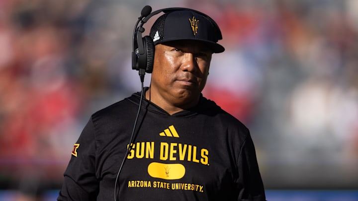 Nov 30, 2024; Tucson, Arizona, USA; Arizona State Sun Devils wide receivers coach Hines Ward against the Arizona Wildcats during the Territorial Cup at Arizona Stadium. Mandatory Credit: Mark J. Rebilas-Imagn Images