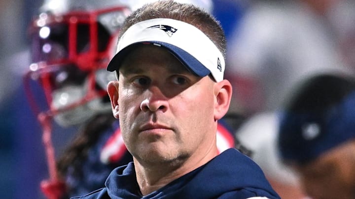 Oct 5, 2025; Orchard Park, New York, USA; New England Patriots offensive coordinator Josh McDaniels on the field before a game against the Buffalo Bills at Highmark Stadium. Mandatory Credit: Mark Konezny-Imagn Images Oct 5, 2025; Orchard Park, New York, USA; New England Patriots offensive coordinator Josh McDaniels on the field before a game against the Buffalo Bills at Highmark Stadium. Mandatory Credit: Mark Konezny-Imagn Images