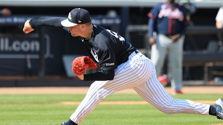 Feb 26, 2026; Tampa, Florida, USA;  New York Yankees pitcher Cade Winquest (80) throws a pitch during the fourth inning against the Atlanta Braves at George M. Steinbrenner Field. Mandatory Credit: Kim Klement Neitzel-Imagn Images
