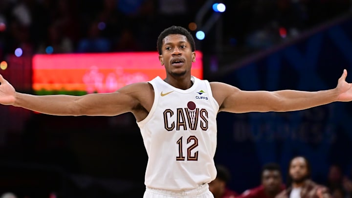 Oct 26, 2025; Cleveland, Ohio, USA; Cleveland Cavaliers guard De'Andre Hunter (12) celebrates after hitting a three point basket against the Milwaukee Bucks during the second half at Rocket Arena.