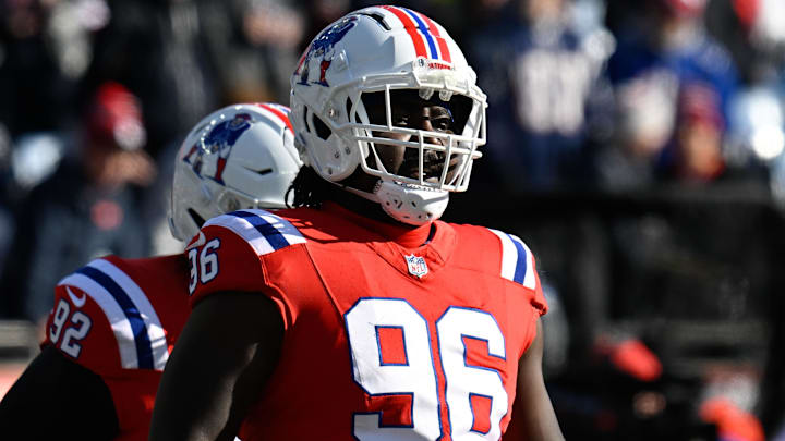 Dec 1, 2024; Foxborough, Massachusetts, USA; New England Patriots defensive tackle Eric Johnson II (96) warms up before a game against the Indianapolis Colts at Gillette Stadium. Mandatory Credit: Eric Canha-Imagn Images