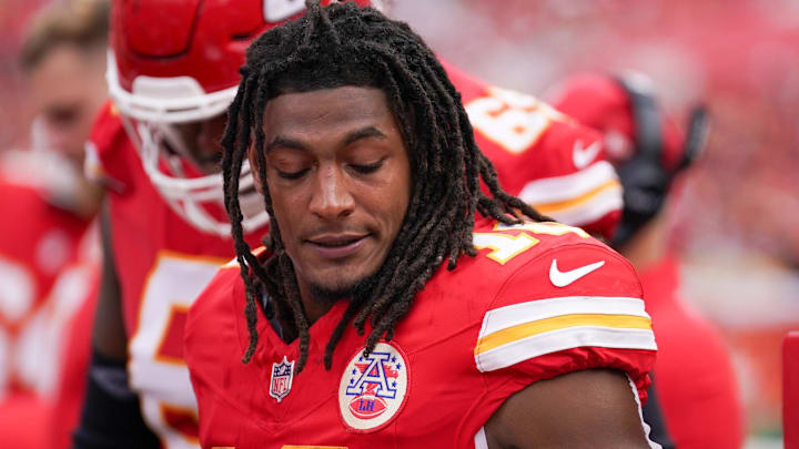  Kansas City Chiefs running back Isiah Pacheco (10) on the sidelines against the Philadelphia Eagles during the game at GEHA Field at Arrowhead Stadium.