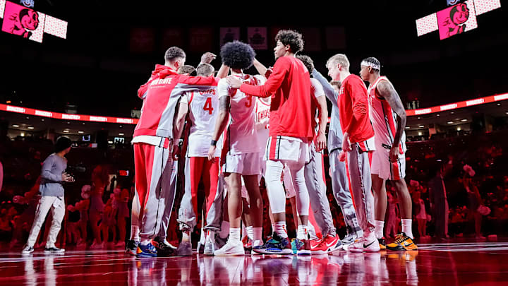 The Ohio State Buckeyes huddle prior to the NCAA men's basketball game against the USC Trojans at the Schottenstein Center on Feb. 11, 2026.