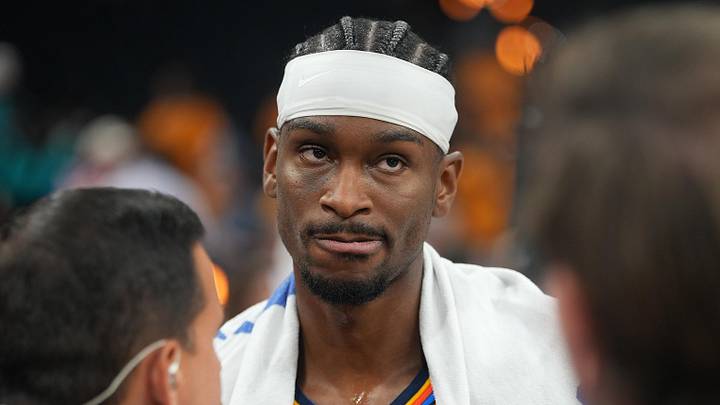 May 22, 2026; San Antonio, Texas, USA; Oklahoma City Thunder guard Shai Gilgeous-Alexander (2) talks to the media after game three of the western conference finals for the 2026 NBA playoffs at Frost Bank Center. Mandatory Credit: Scott Wachter-Imagn Images May 22, 2026; San Antonio, Texas, USA; Oklahoma City Thunder guard Shai Gilgeous-Alexander (2) talks to the media after game three of the western conference finals for the 2026 NBA playoffs at Frost Bank Center. Mandatory Credit: Scott Wachter-Imagn Images