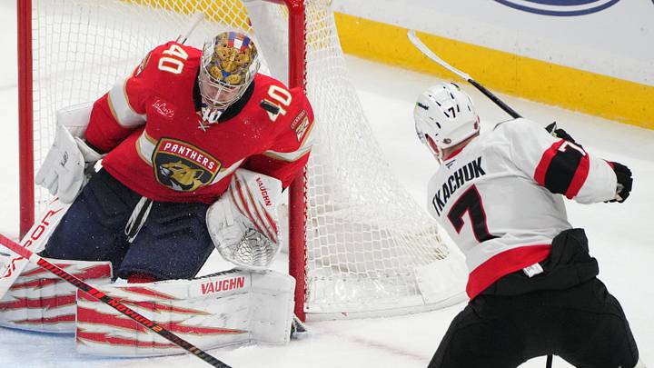 Mar 31, 2026; Sunrise, Florida, USA; Florida Panthers goaltender Daniil Tarasov (40) blocks a shot by Ottawa Senators left wing Brady Tkachuk (7) during the third period at Amerant Bank Arena. Mandatory Credit: Jim Rassol-Imagn Images Mar 31, 2026; Sunrise, Florida, USA; Florida Panthers goaltender Daniil Tarasov (40) blocks a shot by Ottawa Senators left wing Brady Tkachuk (7) during the third period at Amerant Bank Arena. Mandatory Credit: Jim Rassol-Imagn Images