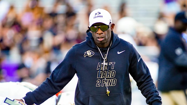 Oct 4, 2025; Fort Worth, Texas, USA; Colorado Buffaloes head coach Deion Sanders on the field during warm ups prior to a game against the TCU Horned Frogs at Amon G. Carter Stadium.