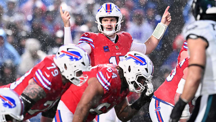 Buffalo Bills quarterback Josh Allen calls an audible at the line of scrimmage against the Philadelphia Eagles.