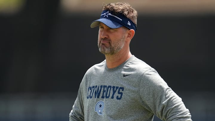 Jul 29, 2023; Oxnard, CA, USA; Dallas Cowboys offensive coordinator Brian Schottenheimer during training camp at the River Ridge Fields. Mandatory Credit: Kirby Lee-Imagn Images