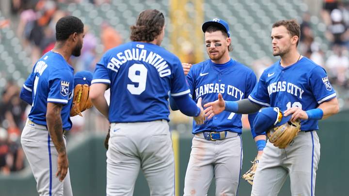 May 4, 2025; Baltimore, Maryland, USA; Kansas City Royals third baseman Maikel Garcia (11) and first baseman Vinnie Pasquantino (9) and shortstop Bobby Witt Jr. (7) and second baseman Michael Massey (19) celebrate the victory against the Baltimore Orioles after the ninth inning at Oriole Park at Camden Yards. Mandatory Credit: Gregory Fisher-Imagn Images May 4, 2025; Baltimore, Maryland, USA; Kansas City Royals third baseman Maikel Garcia (11) and first baseman Vinnie Pasquantino (9) and shortstop Bobby Witt Jr. (7) and second baseman Michael Massey (19) celebrate the victory against the Baltimore Orioles after the ninth inning at Oriole Park at Camden Yards. Mandatory Credit: Gregory Fisher-Imagn Images