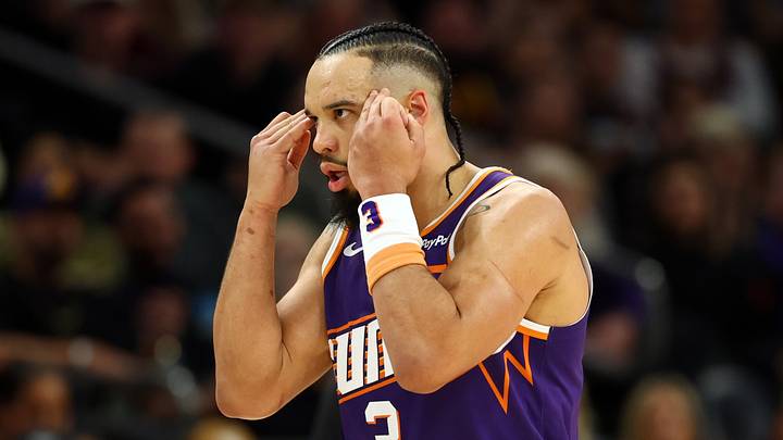 Phoenix, Arizona, USA; Phoenix Suns forward Dillon Brooks (3) reacts against the Cleveland Cavaliers at Mortgage Matchup Center on Jan 30, 2026. Phoenix, Arizona, USA; Phoenix Suns forward Dillon Brooks (3) reacts against the Cleveland Cavaliers at Mortgage Matchup Center on Jan 30, 2026.