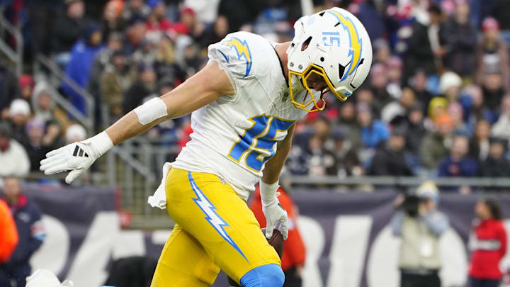 Dec 28, 2024; Foxborough, Massachusetts, USA; Los Angeles Chargers wide receiver Ladd McConkey (15) celebrates after scoring a touchdown against the New England Patriots during the second half at Gillette Stadium. Mandatory Credit: Gregory Fisher-Imagn Images