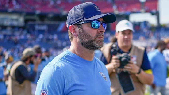 Tennessee Titans coach Brian Callahan exits the field after the game against the Indianapolis Colts at Nissan Stadium in Nashville, Tenn., Sunday, Sept. 21, 2025.