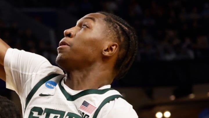 Michigan State's Cam Ward blocks a North Dakota State shot during the first round of the NCAA Tournament at the KeyBank Center on Thursday, March 19, 2026.
