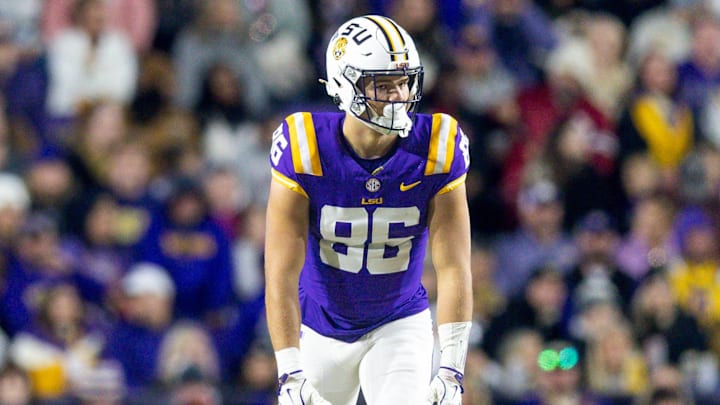Nov 30, 2024; Baton Rouge, Louisiana, USA;  LSU Tigers tight end Mason Taylor (86) looks on against the Oklahoma Sooners during the first quarter at Tiger Stadium. Mandatory Credit: Stephen Lew-Imagn Images