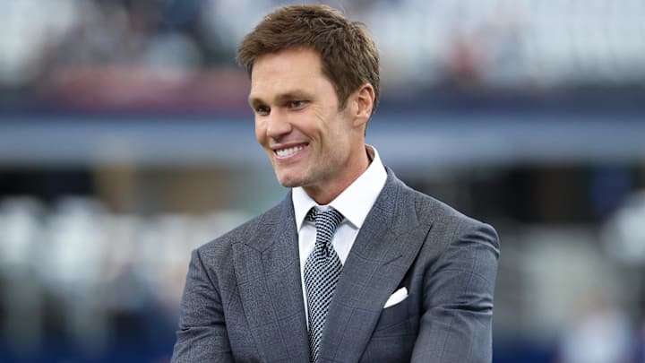 Oct 13, 2024; Arlington, Texas, USA; Fox Sports  broadcaster Tom Brady before the game between the Dallas Cowboys and Detroit Lions at AT&T Stadium. Mandatory Credit: Kevin Jairaj-Imagn Images