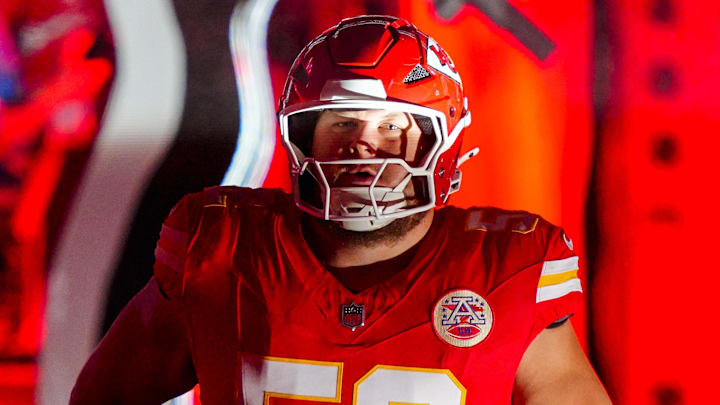 Oct 12, 2025; Kansas City, Missouri, USA; Kansas City Chiefs center Creed Humphrey (52) takes the field prior to a game against the Detroit Lions at GEHA Field at Arrowhead Stadium. Mandatory Credit: Jay Biggerstaff-Imagn Images