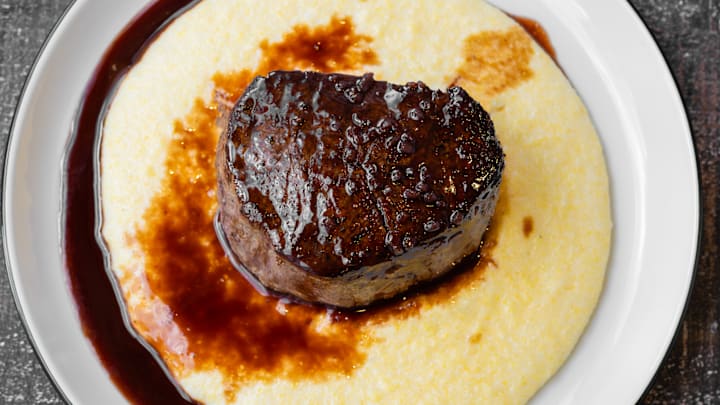 Pan seared filet mignon with red wine and pomegranate pan sauce