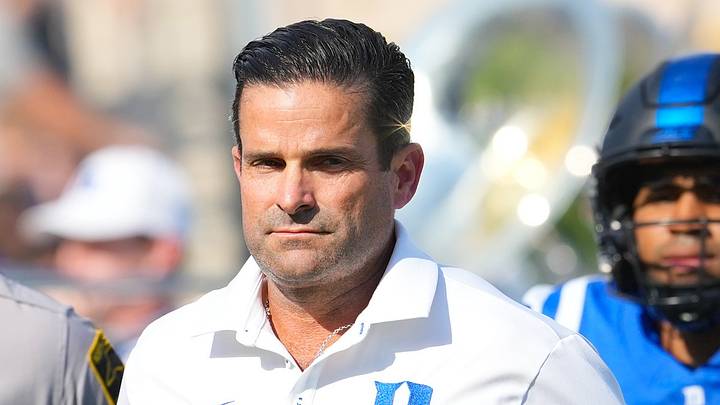 Sep 19, 2026; Durham, North Carolina, USA;  Duke Blue Devils head coach Manny Diaz runs onto the field before the start of the game against the Stanford Cardinal at Wallace Wade Stadium.  Mandatory Credit: James Guillory-Imagn Images