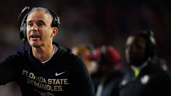 Nov 29, 2025; Gainesville, Florida, USA; Florida State Seminoles head coach Mike Norvell gestures against the Florida Gators during the second half at Ben Hill Griffin Stadium. Mandatory Credit: Matt Pendleton-Imagn Images