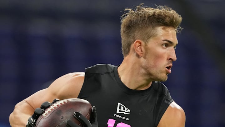 Feb 27, 2026; Indianapolis, IN, USA; Notre Dame tight end  Eli Raridon (TE19) during the NFL Scouting Combine at Lucas Oil Stadium. Mandatory Credit: Kirby Lee-Imagn Images