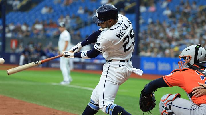 Sep 13, 2026; St. Petersburg, Florida, USA; Tampa Bay Rays right fielder Victor Mesa Jr. (25) singles during the third inning against the Houston Astros at Tropicana Field. Mandatory Credit: Kim Klement Neitzel-Imagn Images Sep 13, 2026; St. Petersburg, Florida, USA; Tampa Bay Rays right fielder Victor Mesa Jr. (25) singles during the third inning against the Houston Astros at Tropicana Field. Mandatory Credit: Kim Klement Neitzel-Imagn Images