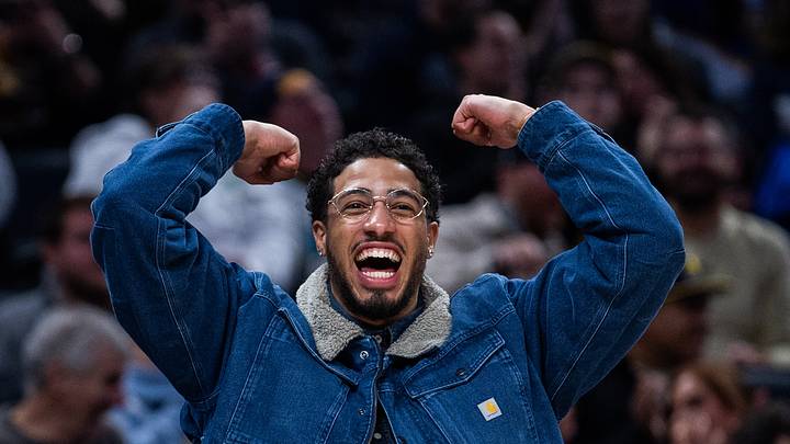 Jan 14, 2026; Indianapolis, Indiana, USA; Indiana Pacers guard Tyrese Haliburton (0) reacts to a dunk in the second half against the Toronto Raptors at Gainbridge Fieldhouse. Mandatory Credit: Trevor Ruszkowski-Imagn Images