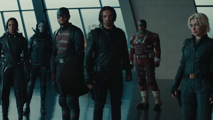 (L-R): Ghost (Hannah John-Kamen), Taskmaster (Olga Kurylenko), John Walker (Wyatt Russell), Bucky Barnes (Sebastian Stan), Alexei Shostakov/Red Guardian (David Harbour), and Yelena Belova (Florence Pugh) in Marvel Studios' THUNDERBOLTS*. Photo courtesy of Marvel Studios. © 2024 MARVEL.